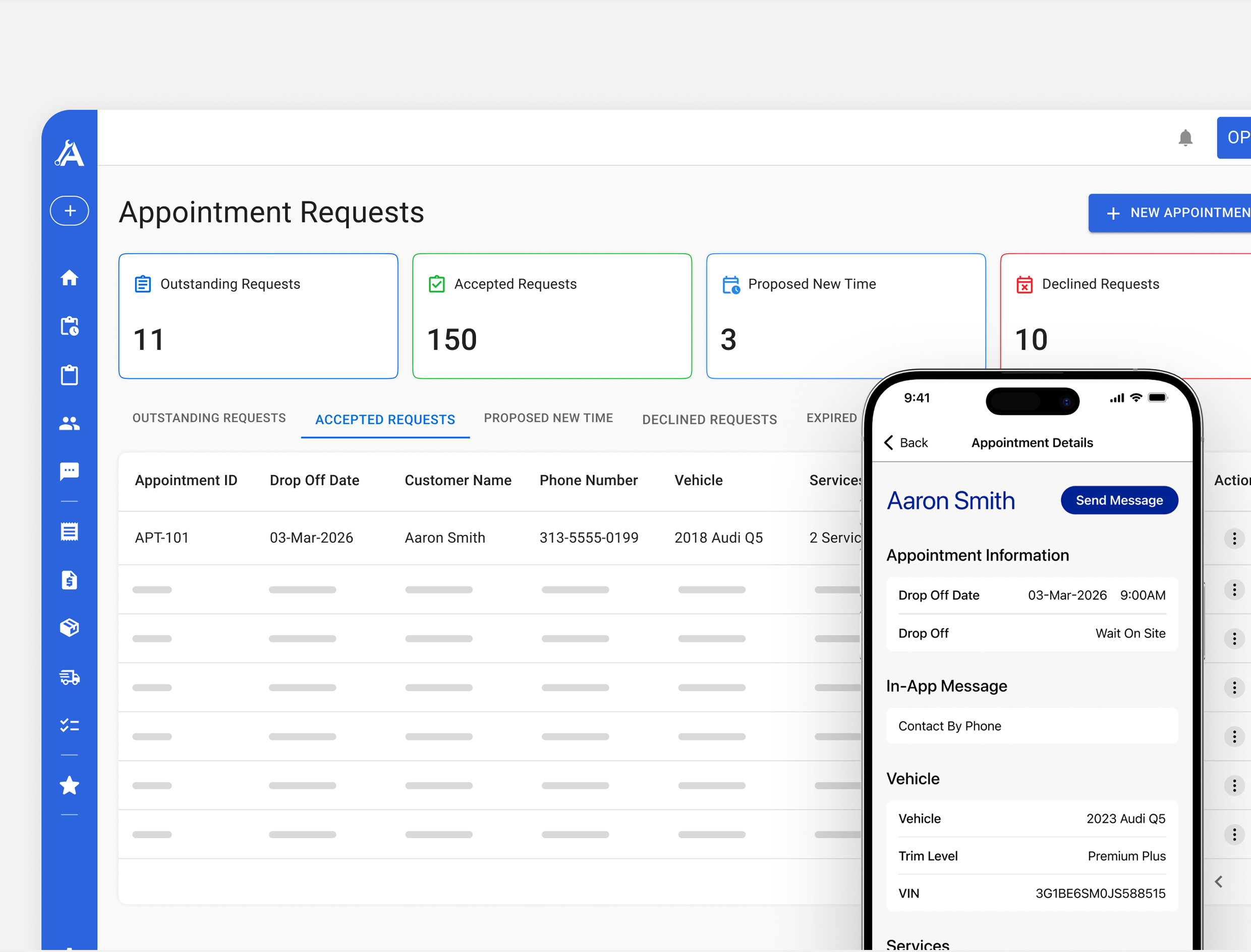 Apex online booking dashboard showing appointment requests and details